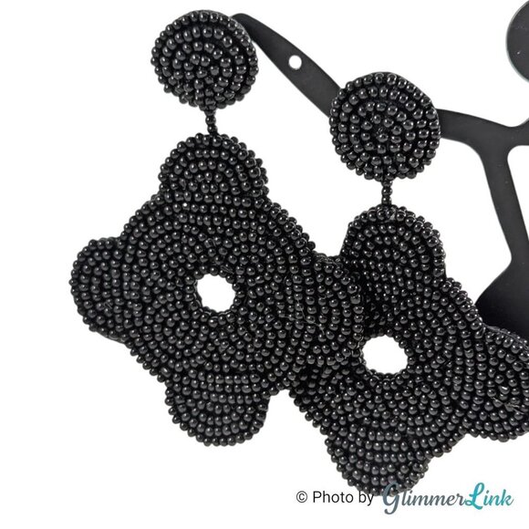 Kenneth Jay Lane KJL Black Seed Bead Fine Detail Gold Tone Pierced Earrings - Picture 2 of 8